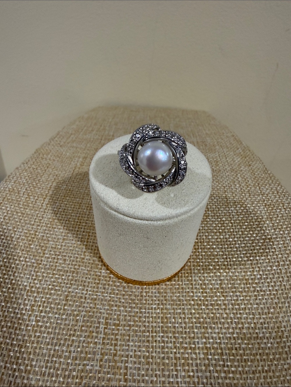 Titanium plated Lustrous White Pearl Halo Ring with Crystal Accents - Picture 2 of 4